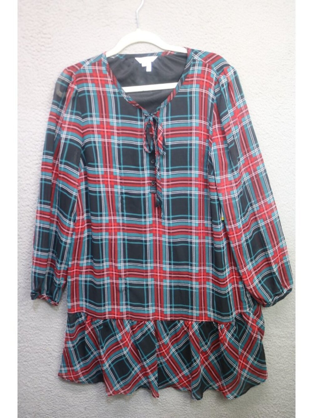 Draper James Long Sheer Puff Sleeve Plaid Dress-Ruffle-Size Medium-NWT